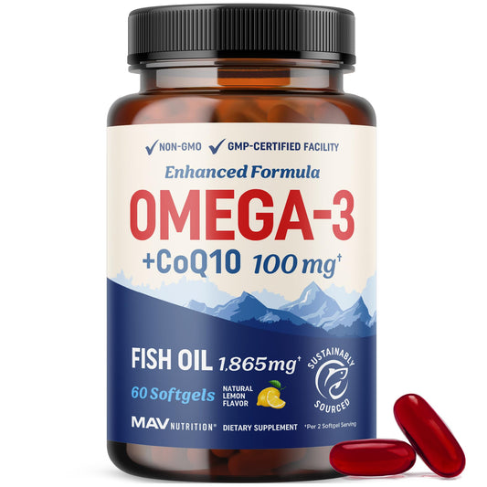 Bottle of Omega-3 Fish Oil + CoQ10 with 60 capsules