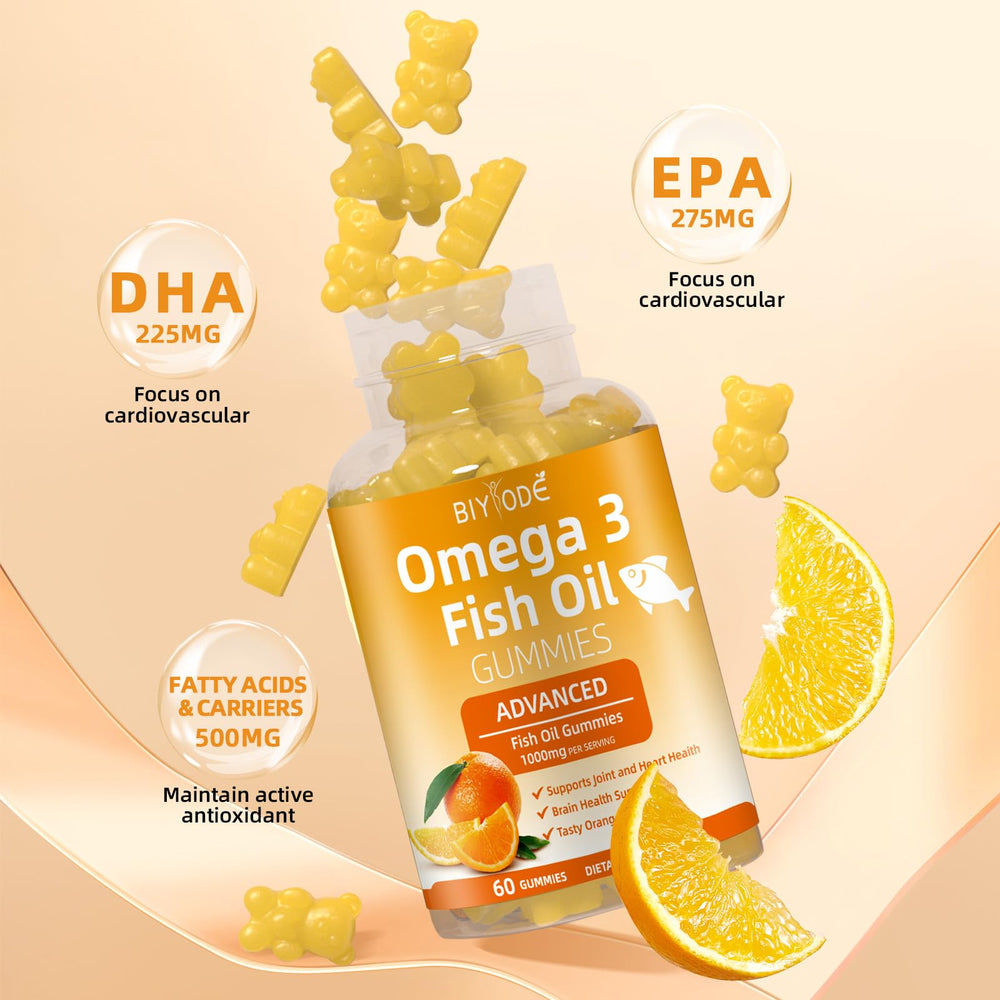 Single orange Omega-3 gummy with glossy texture