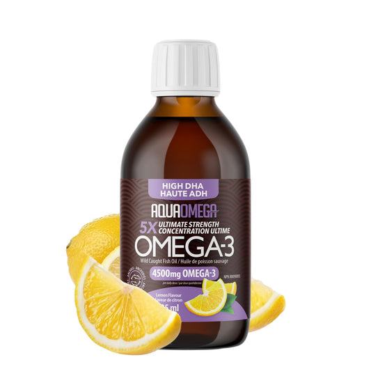 5X Ultimate Strength Omega-3 Fish Oil Liquid bottle with Lemon flavor, 7.60 fl oz