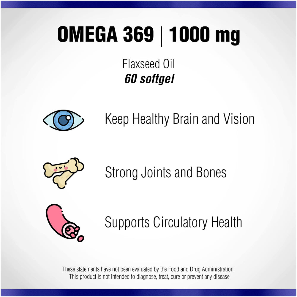 Product label showing Omega 3-6-9 flaxseed oil details