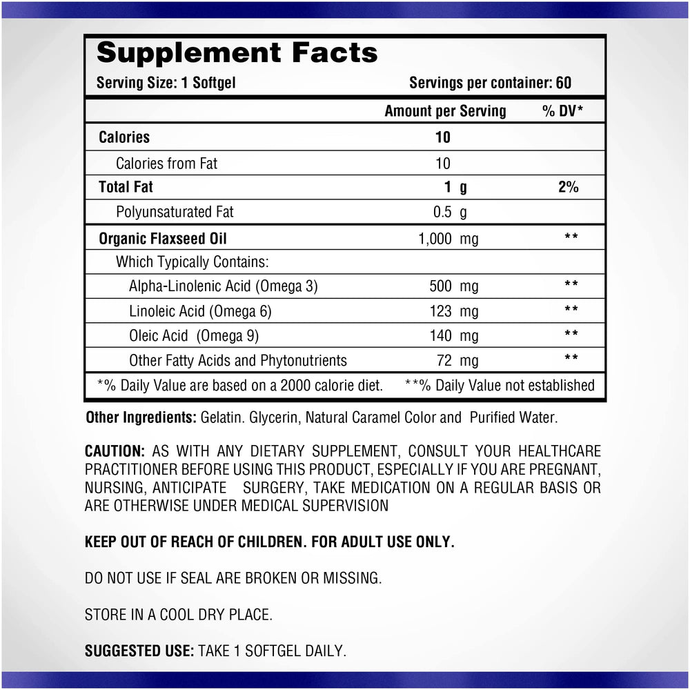 Nutrition facts panel for Omega 369 flaxseed oil softgels