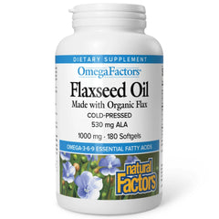 Bottle of Omega Factors Flaxseed Oil by Natural Factors with label