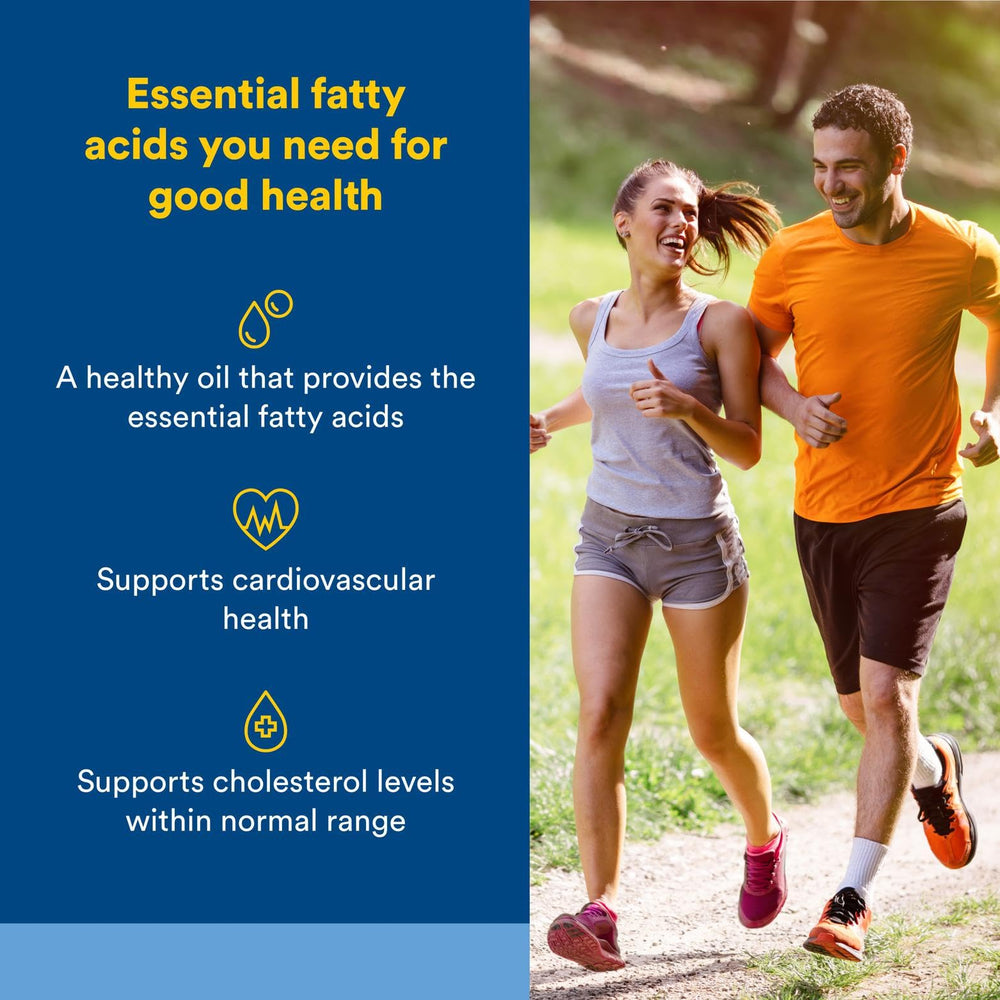 Close-up of Omega Factors flaxseed oil softgels