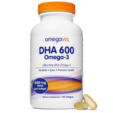 Front view of OmegaVia DHA 600 mg bottle