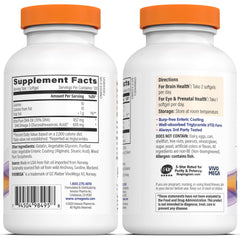 OmegaVia burpless DHA softgels shown in clear bottle.