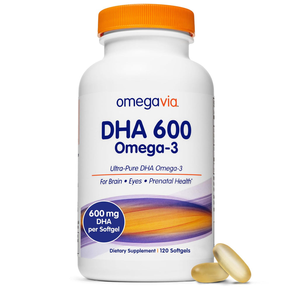 OmegaVia DHA 600 mg softgels bottle for brain and eye health.