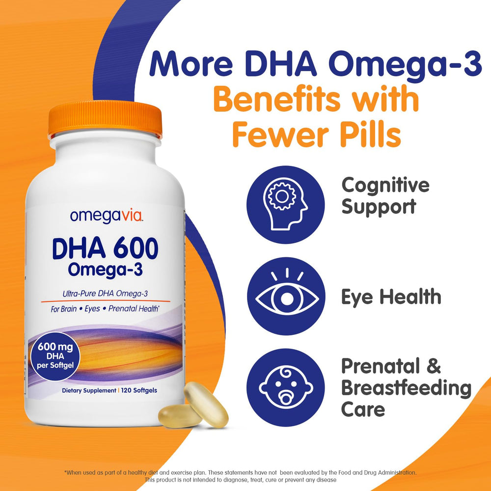 OmegaVia DHA 600 mg softgels being poured for daily use.