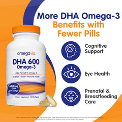 OmegaVia DHA 600 mg softgels being poured for daily use.