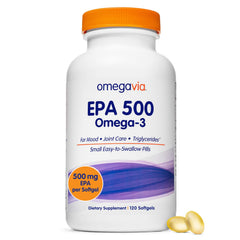 OmegaVia EPA 500 bottle shows burpless enteric-coated capsules for easy daily use