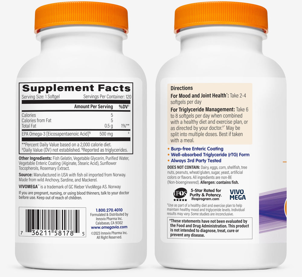 IFOS 5-Star purity and freshness seal visible on OmegaVia EPA 500 bottle
