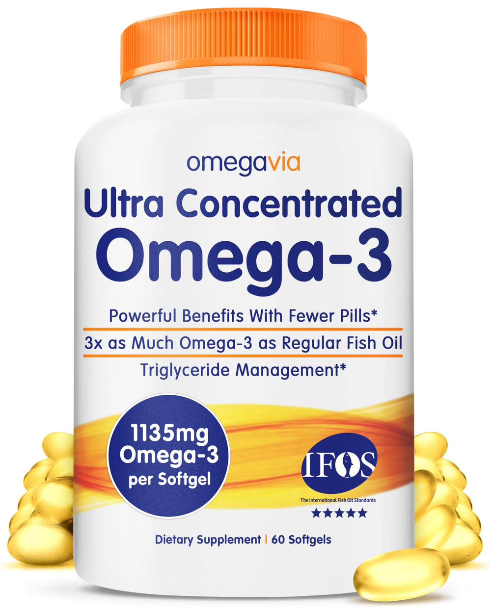 OmegaVia Ultra-Concentrated Omega3 Bottle shows convenient burpless softgel packaging for daily wellness