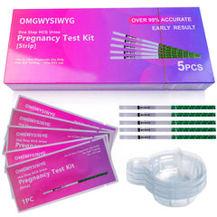 Front view of OMGWYSIWYG 5-pack pregnancy test strips