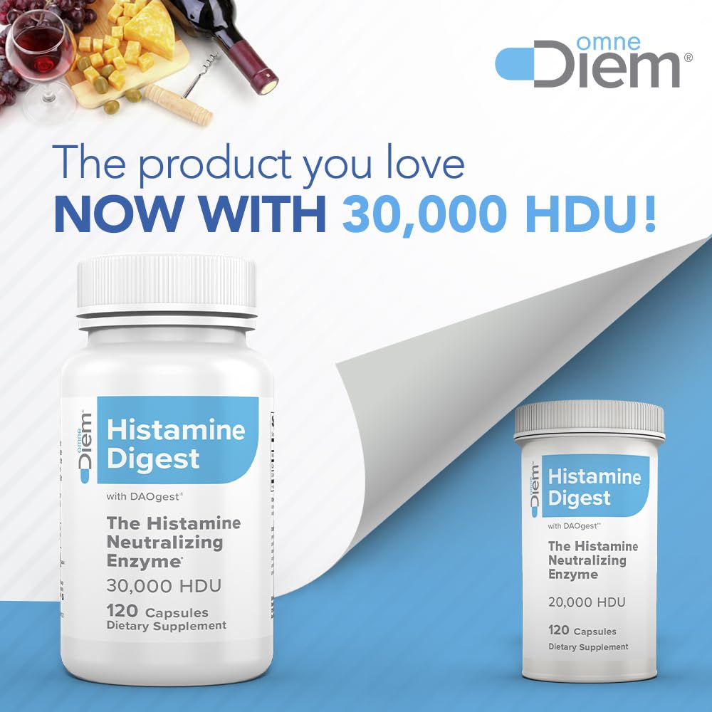 Close-up of OmneDiem Histamine Digest DAO bottle label showing 30,000 HDU