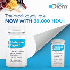 Close-up of OmneDiem Histamine Digest DAO bottle label showing 30,000 HDU