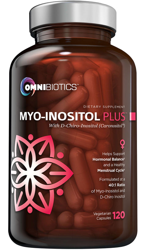 Front view of OmniBiotics Myo-Inositol & D-Chiro-Inositol bottle with 120 vegan capsules