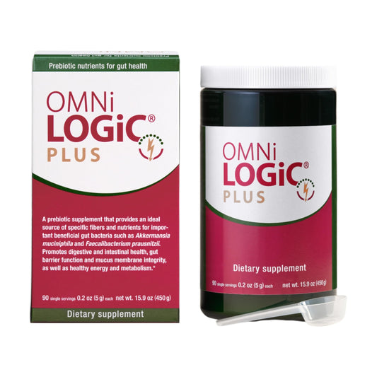 Omni-Logic Plus Prebiotic label denoting non-GMO daily fiber supplement, 90 servings