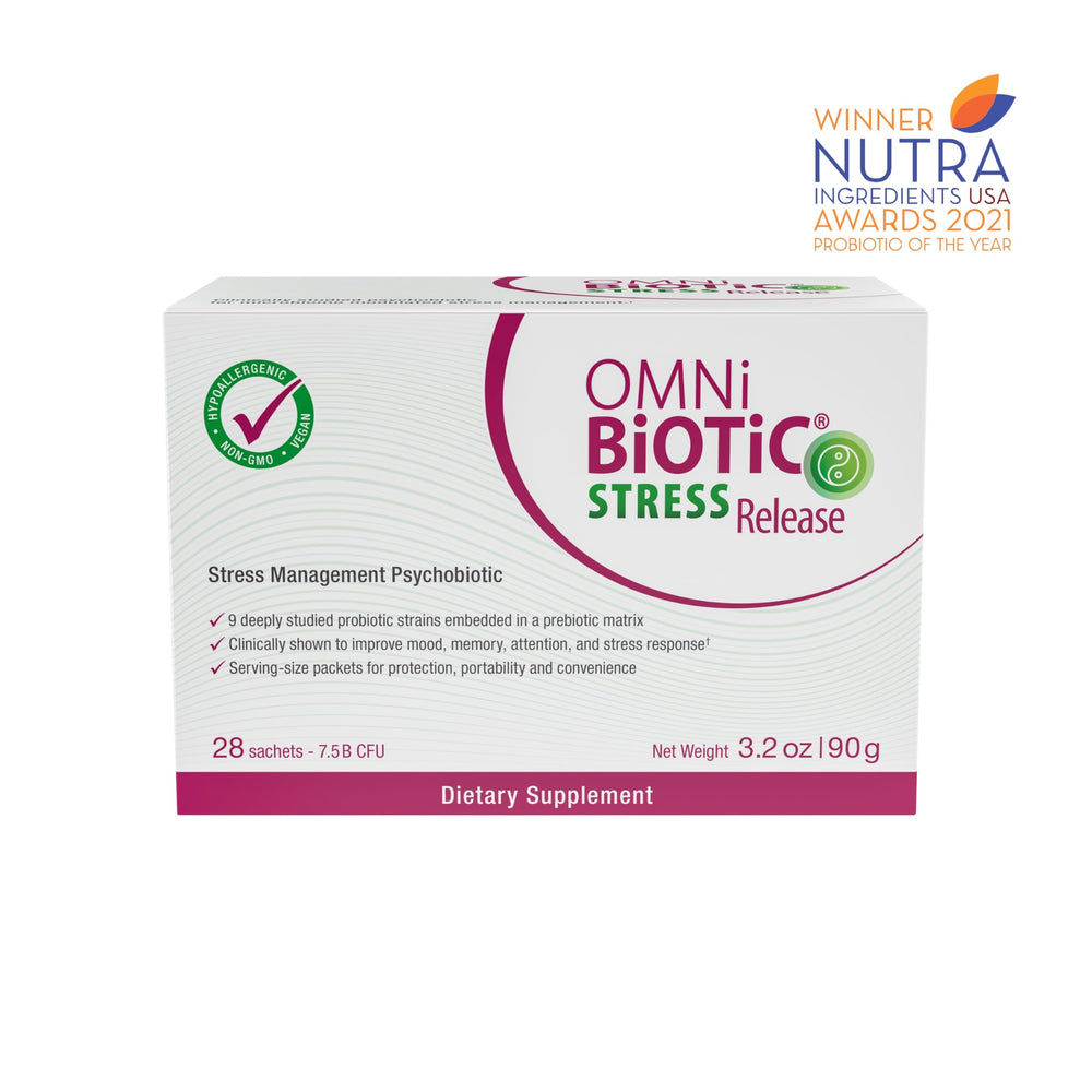 Close-up of OMNi BiOTiC Stress Release packaging