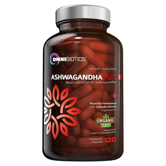 Bottle of OmniBiotics Organic Ashwagandha with 120 vegan capsules