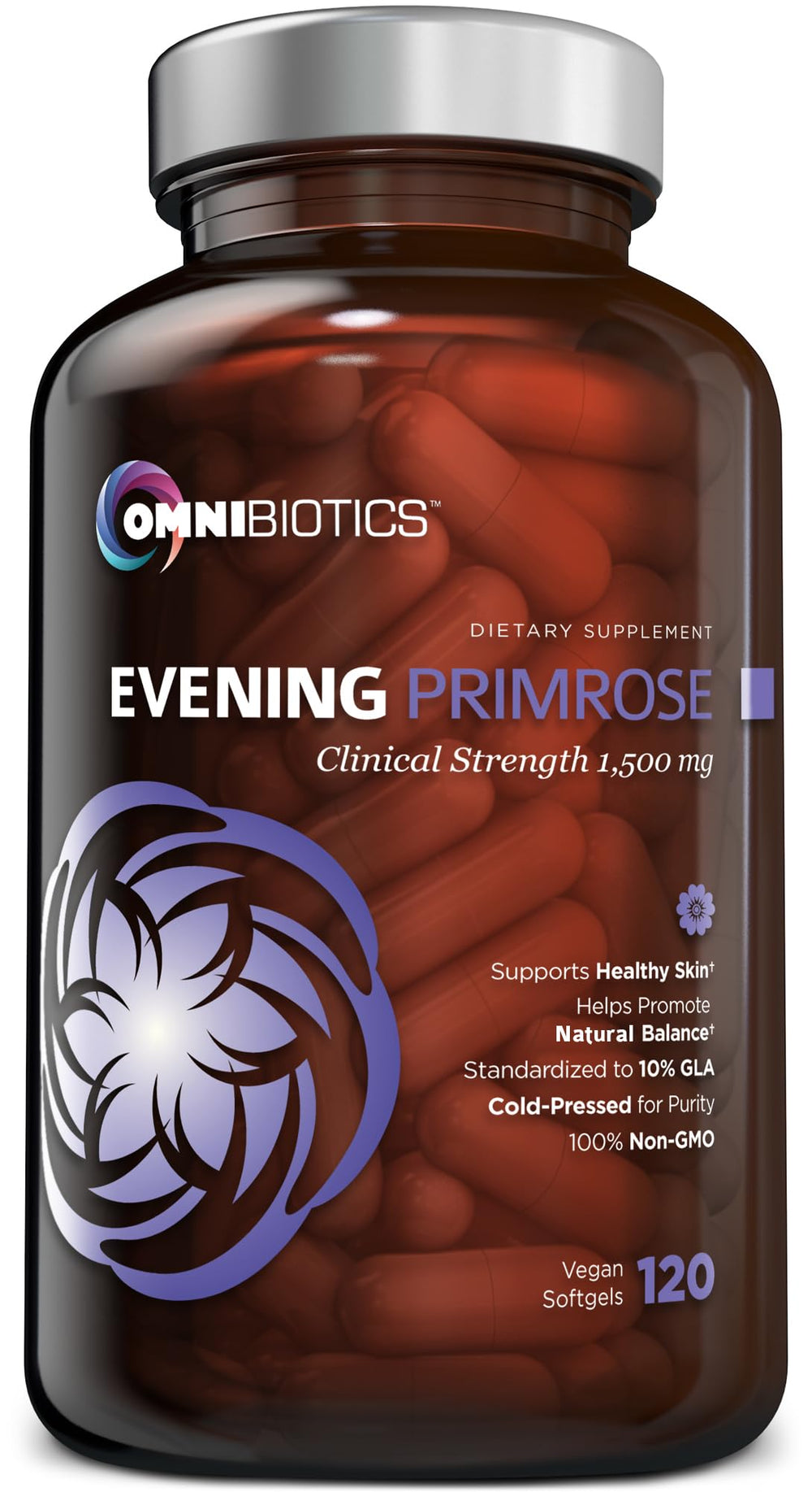 OmniBiotics Evening Primrose Oil bottle with 120 vegan capsules