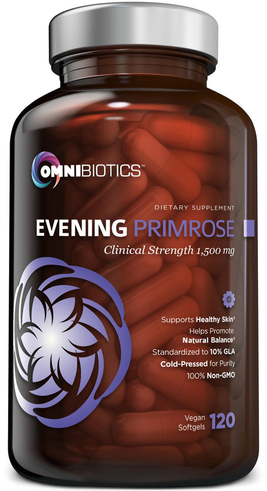 OmniBiotics Evening Primrose Oil bottle with 120 vegan capsules