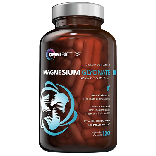 Hero image of OmniBiotics Magnesium Glycinate supplement with 120 vegan capsules