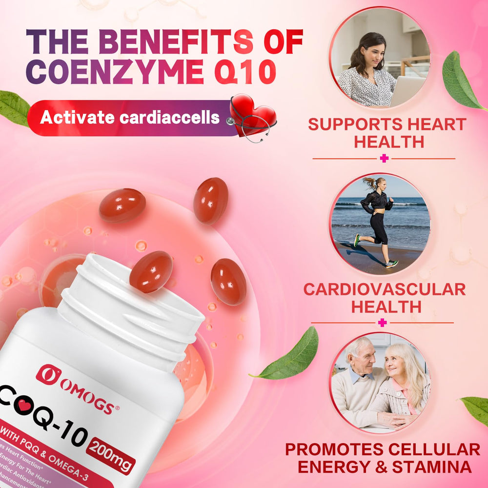 Close-up of OMOGS CoQ10 softgel capsules