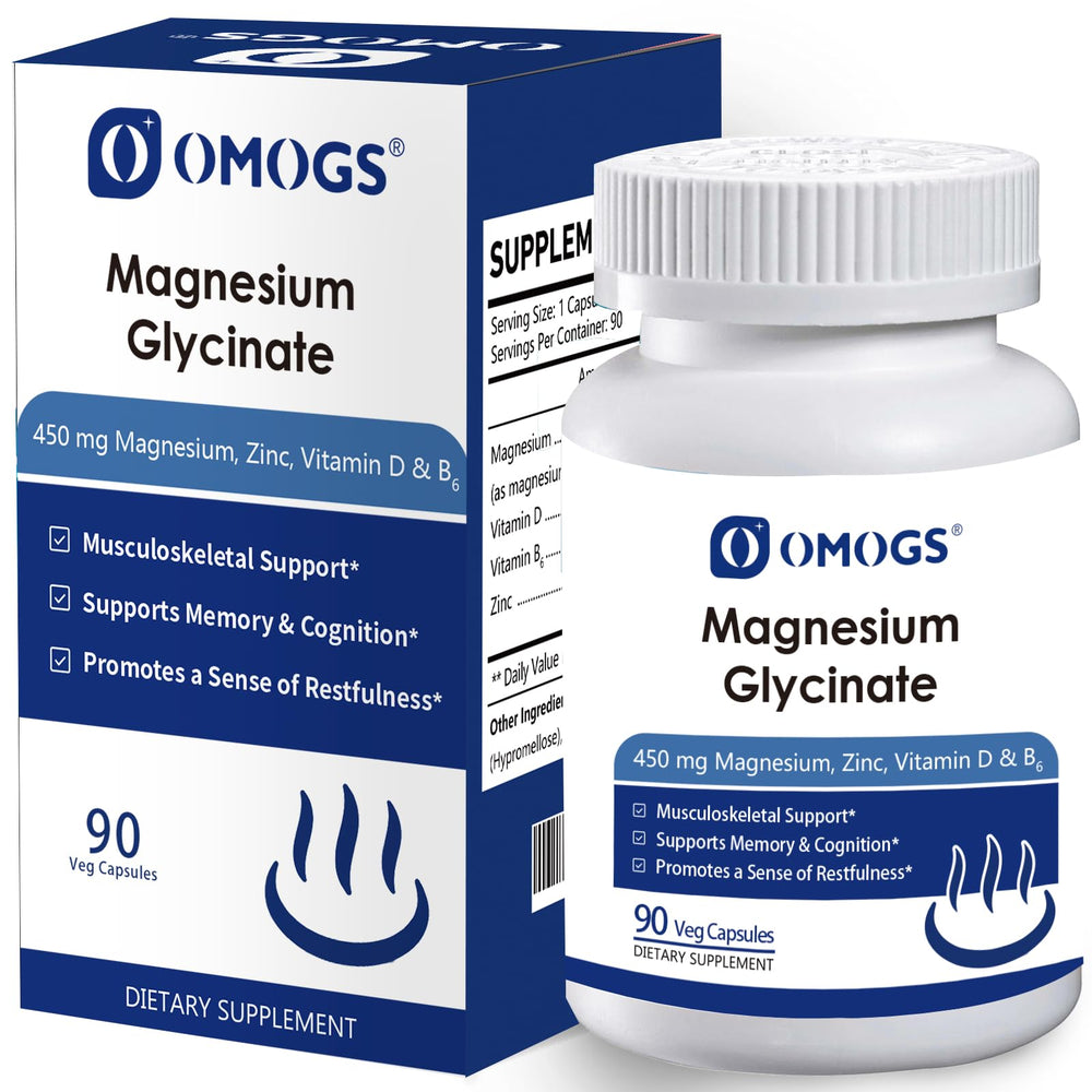 Front view of OMOGS Magnesium Glycinate 90 Veg Capsules bottle