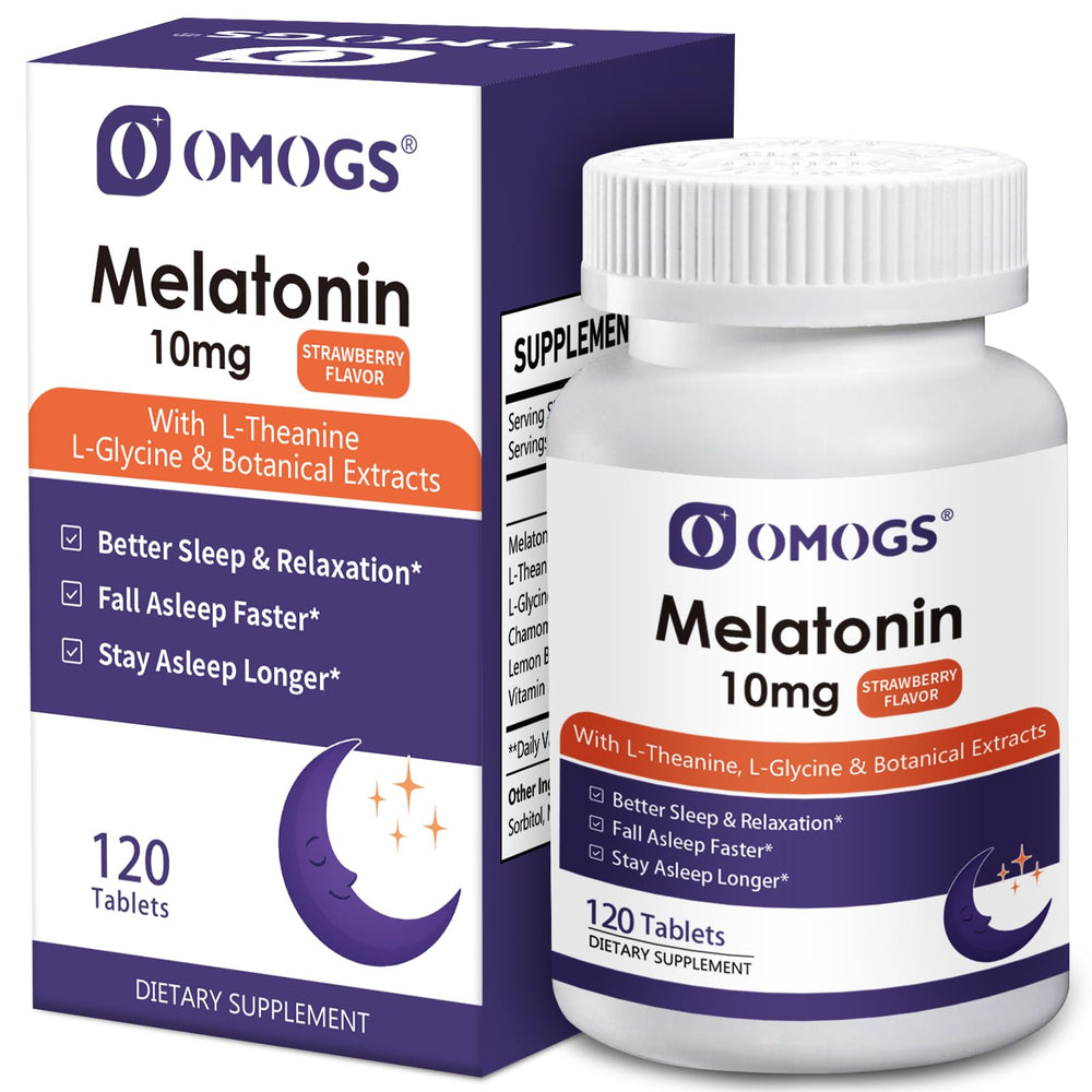 Product bottle of OMOGS Melatonin Sleep Supplements with L-Theanine, L-Glycine, and Vitamin in strawberry flavor