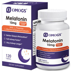Product bottle of OMOGS Melatonin Sleep Supplements with L-Theanine, L-Glycine, and Vitamin in strawberry flavor