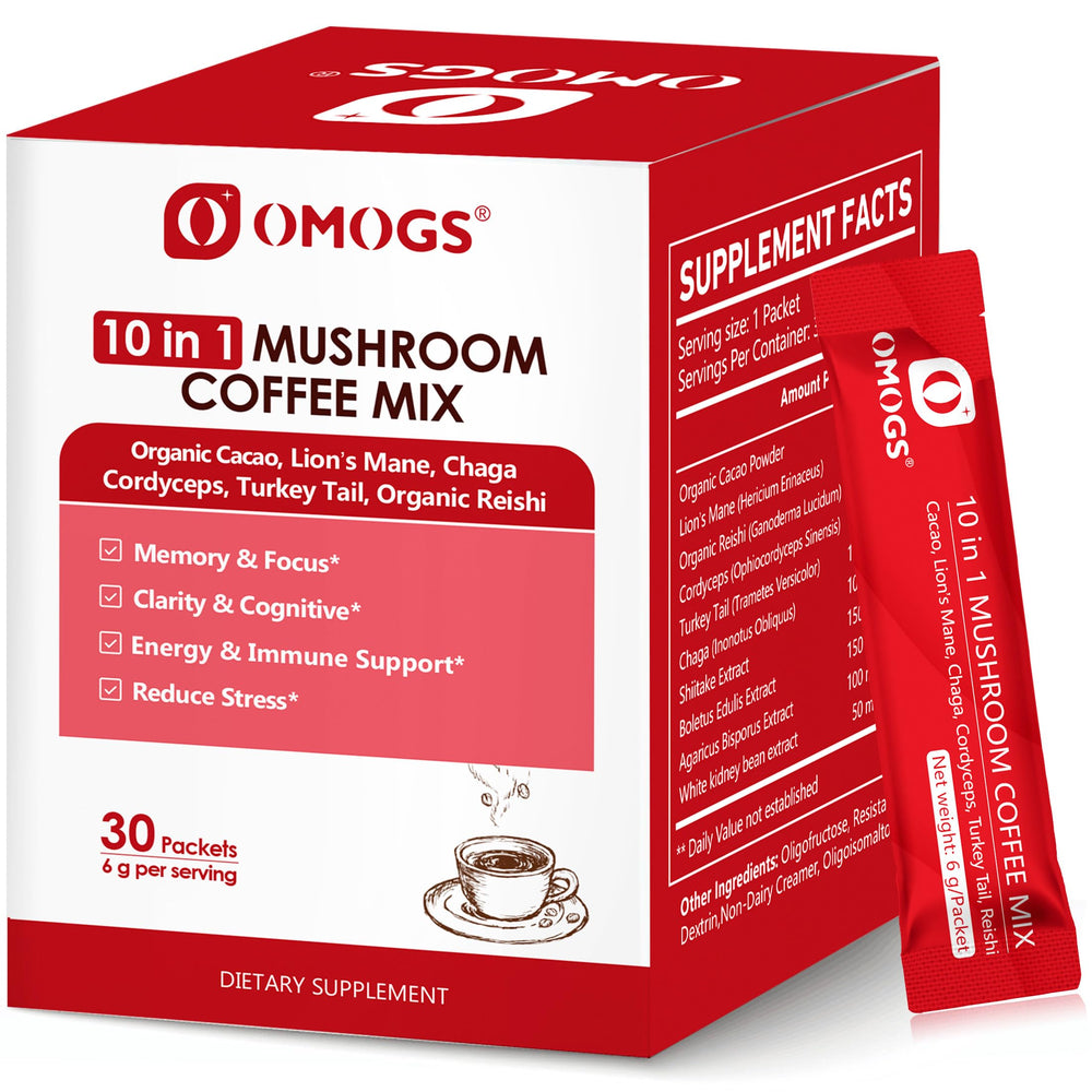OMOGS Mushroom Coffee hero image showing 10-in-1 extract blend