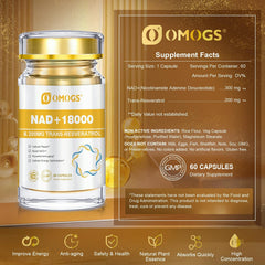 Close-up of OMOGS NAD+ and Trans-Resveratrol supplement capsules