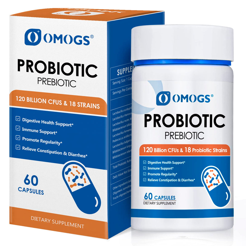 OMOGS Probiotics bottle label with 120B CFUs and 18 strains