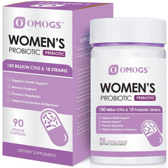 OMOGS Women's Probiotic bottle with label showing 180B CFUs and 18 strains