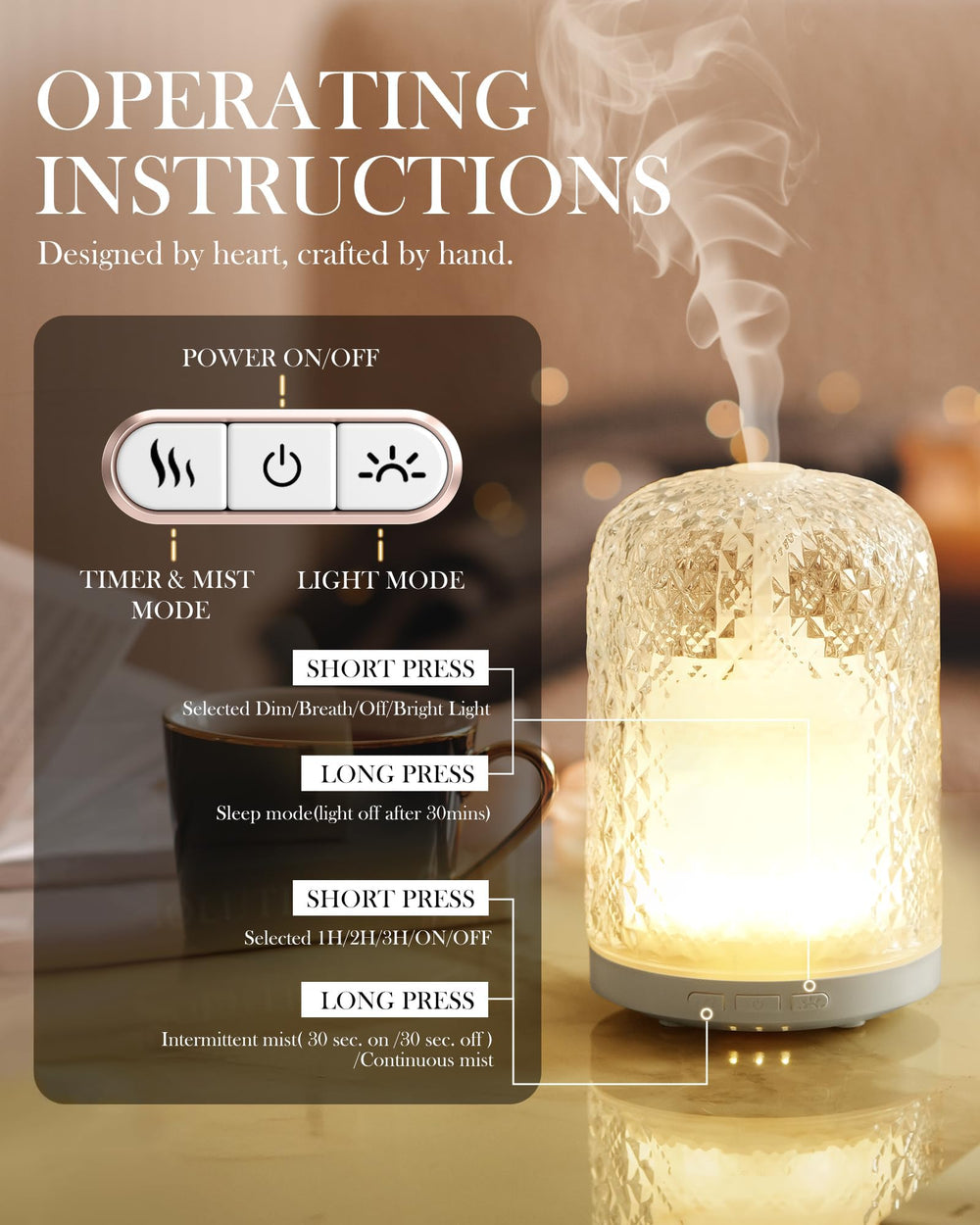 Three timer settings and two mist modes on Onaboviva diffuser