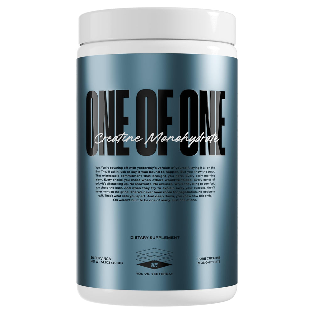 Front label of ONE OF ONE Creatine Monohydrate Powder tub