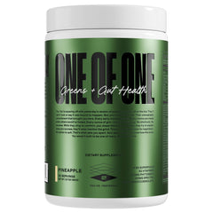 Front view of ONE OF ONE Greens & Gut Health pineapple flavor tub