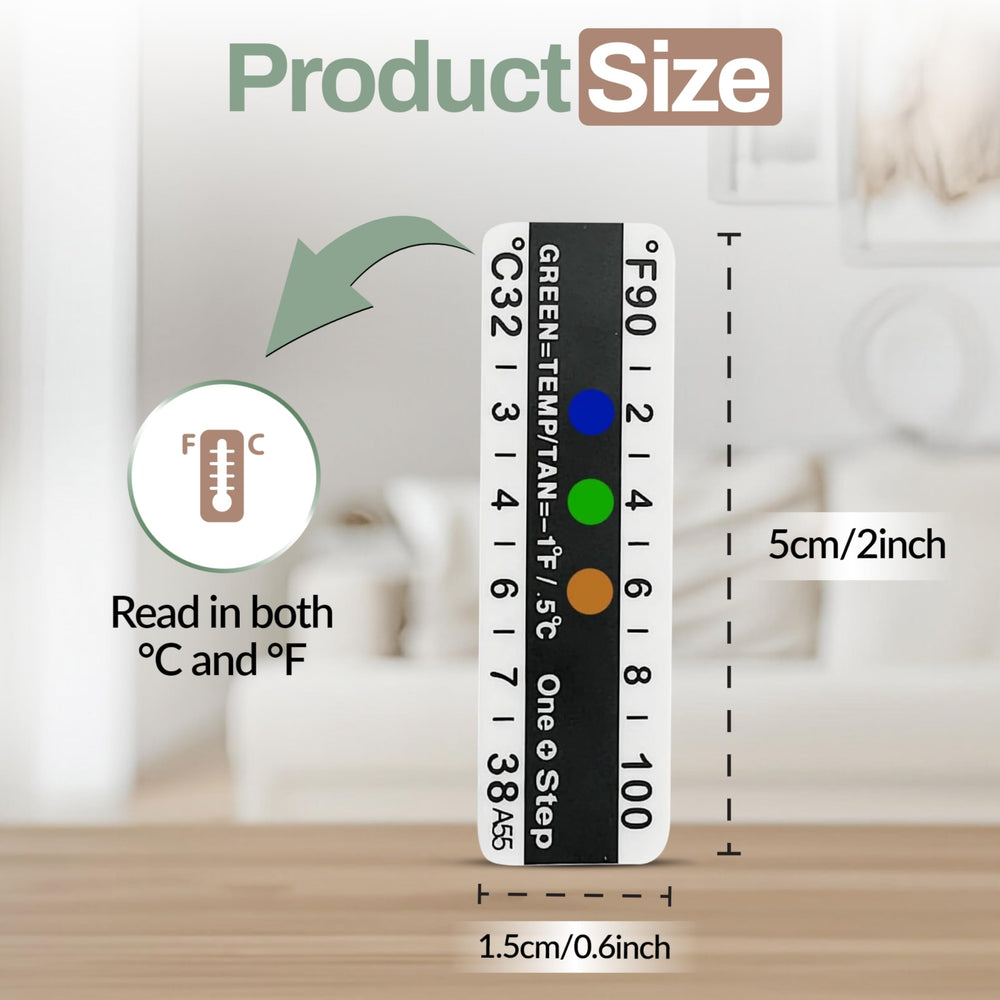 Close-up of adhesive temperature strip displaying 90–100°F / 32–38°C