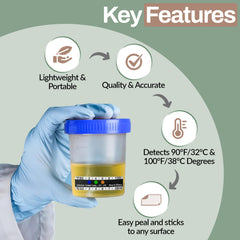 Peeling and applying the temperature strip to a urine bottle