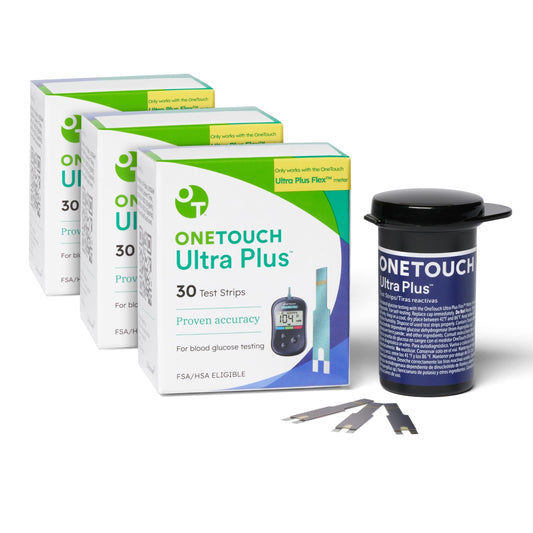 OneTouch Ultra Plus Flex strips 90ct box front highlighting value with three boxes.