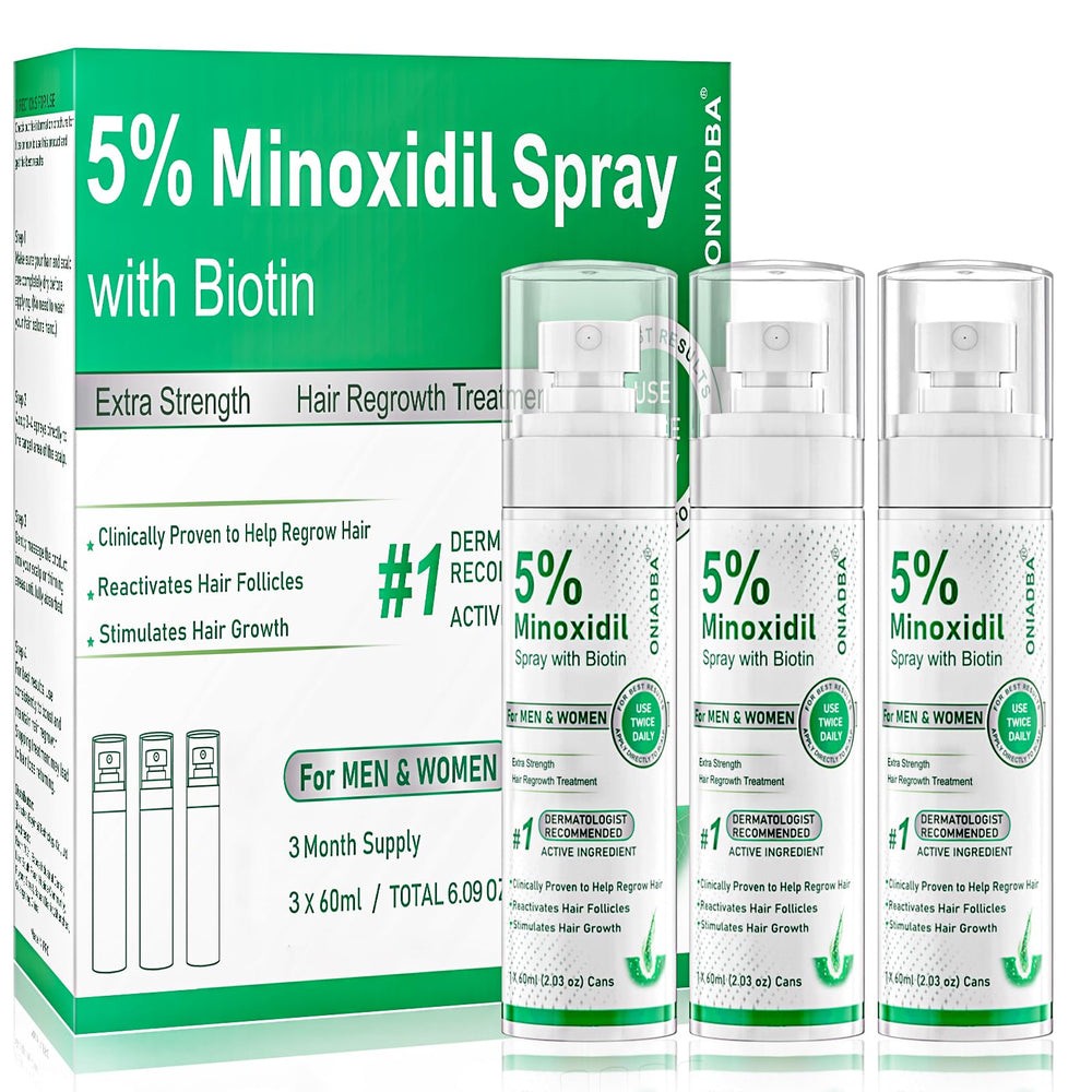 ONIADBA 5% Minoxidil spray bottle for scalp regrowth with fast absorption and non-greasy finish.