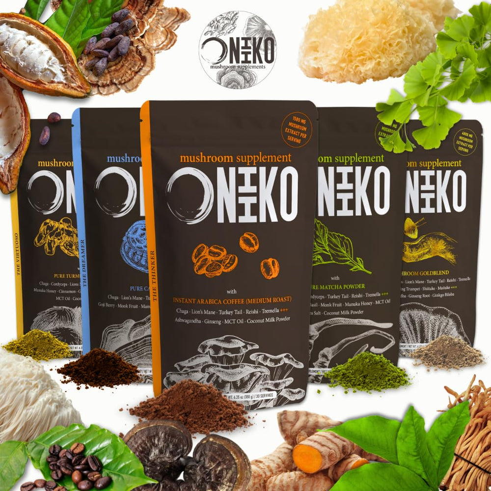 Illustration highlighting antioxidant mushrooms in Oniiko powder