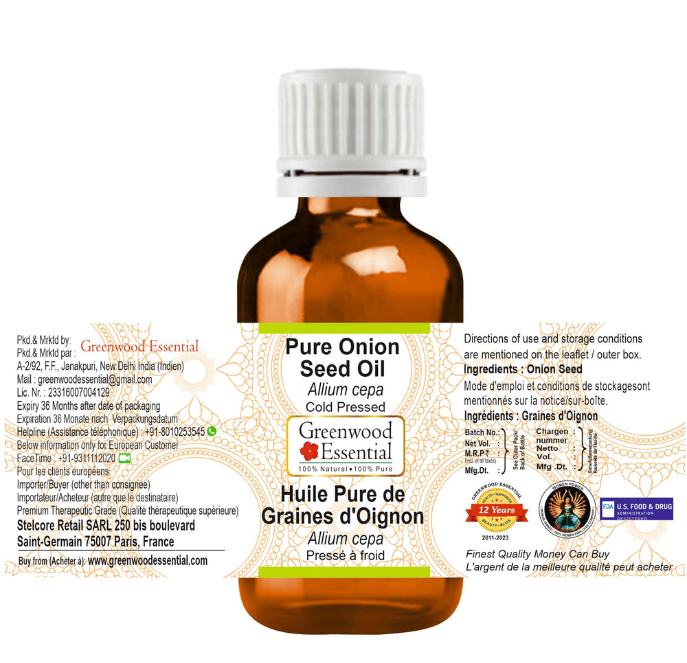 Close-up of cold-pressed onion seed oil in amber bottle