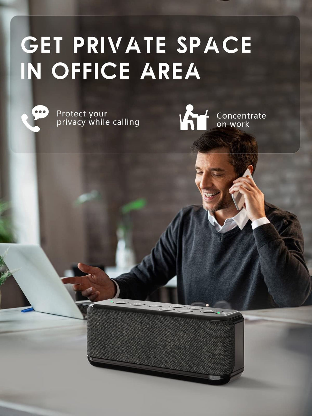 OnLyee office privacy setup image, illustrating noise masking for quiet work.
