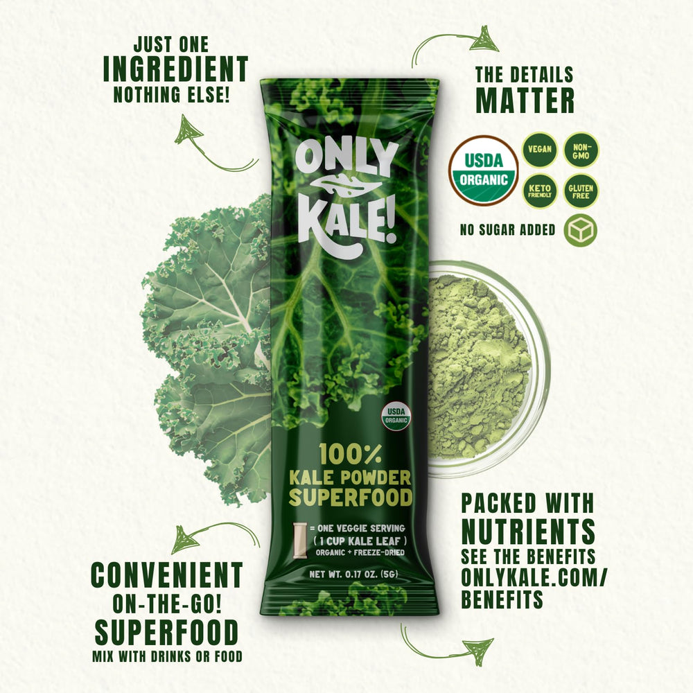 Close-up of a single-serving kale powder stick