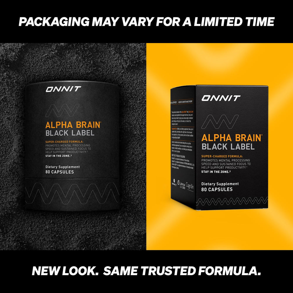 ONNIT Alpha Brain Black Label pour showing capsules for sustained focus.