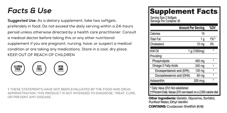 Ingredients showing omega-3s, astaxanthin and phospholipids