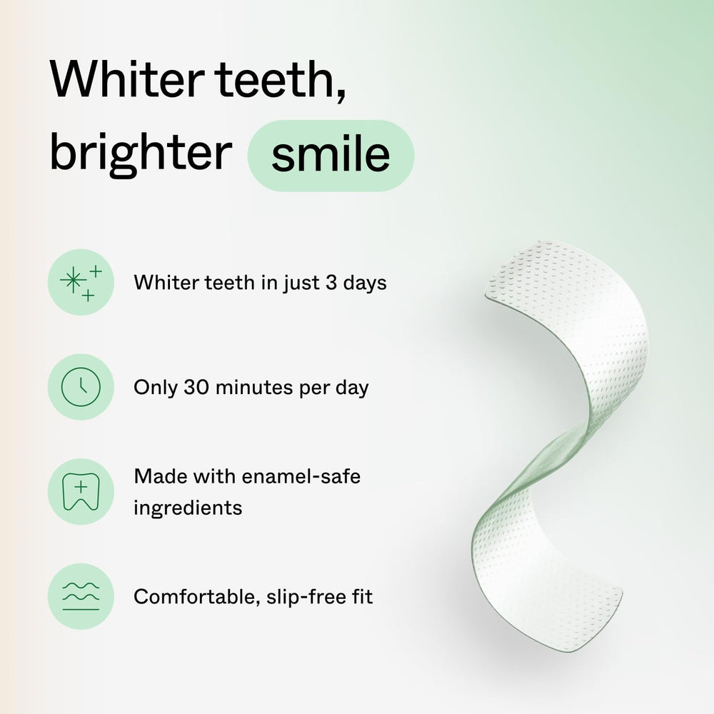 Close-up of whitening strips being applied to upper teeth