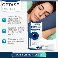 Optase HYLO Night Eye Ointment on nightstand ready for dry-eye relief.
