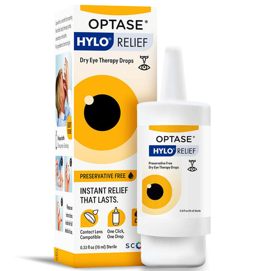 Optase HYLO Relief bottle close-up, portable preservative-free hydration for on-the-go comfort.