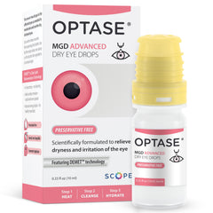 Optase MGD Advanced Dry Eye Drops bottle closeup for all-day lubrication.